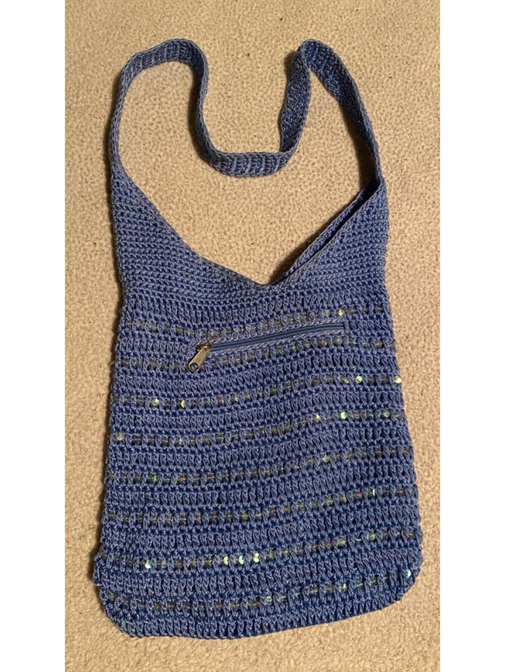 Lina Light Blue & Sequin Crochet Crossbody Shoulder Bag 11"x11.5"x2.5" Lined